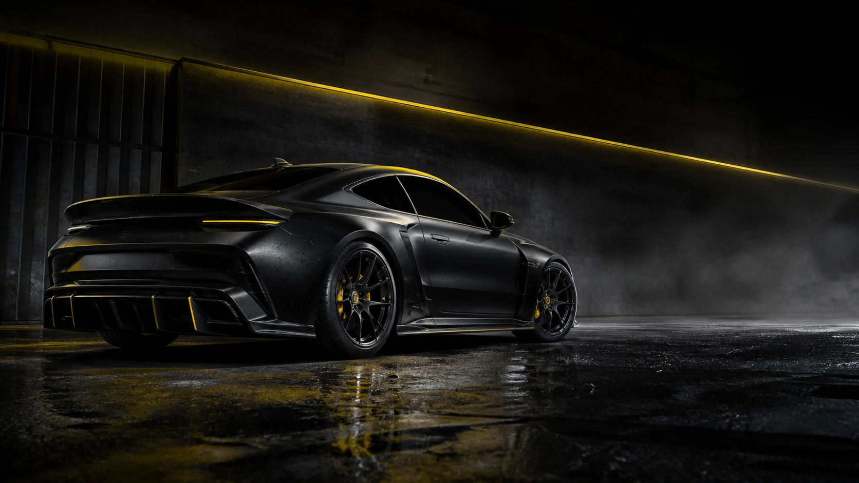 Coupé de proyecto oscuro con detalles amarillos en un taller nocturno